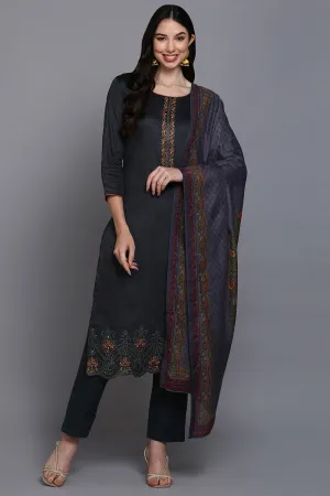 Cotton Grey Embroidered Straight Kurta Pant With Dupatta