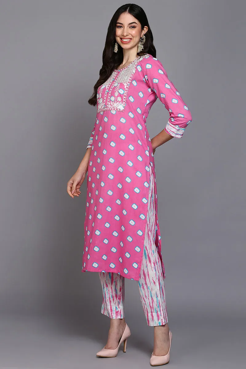 Cotton Pink Bandhani Printed Straight Kurta Pant With Dupatta