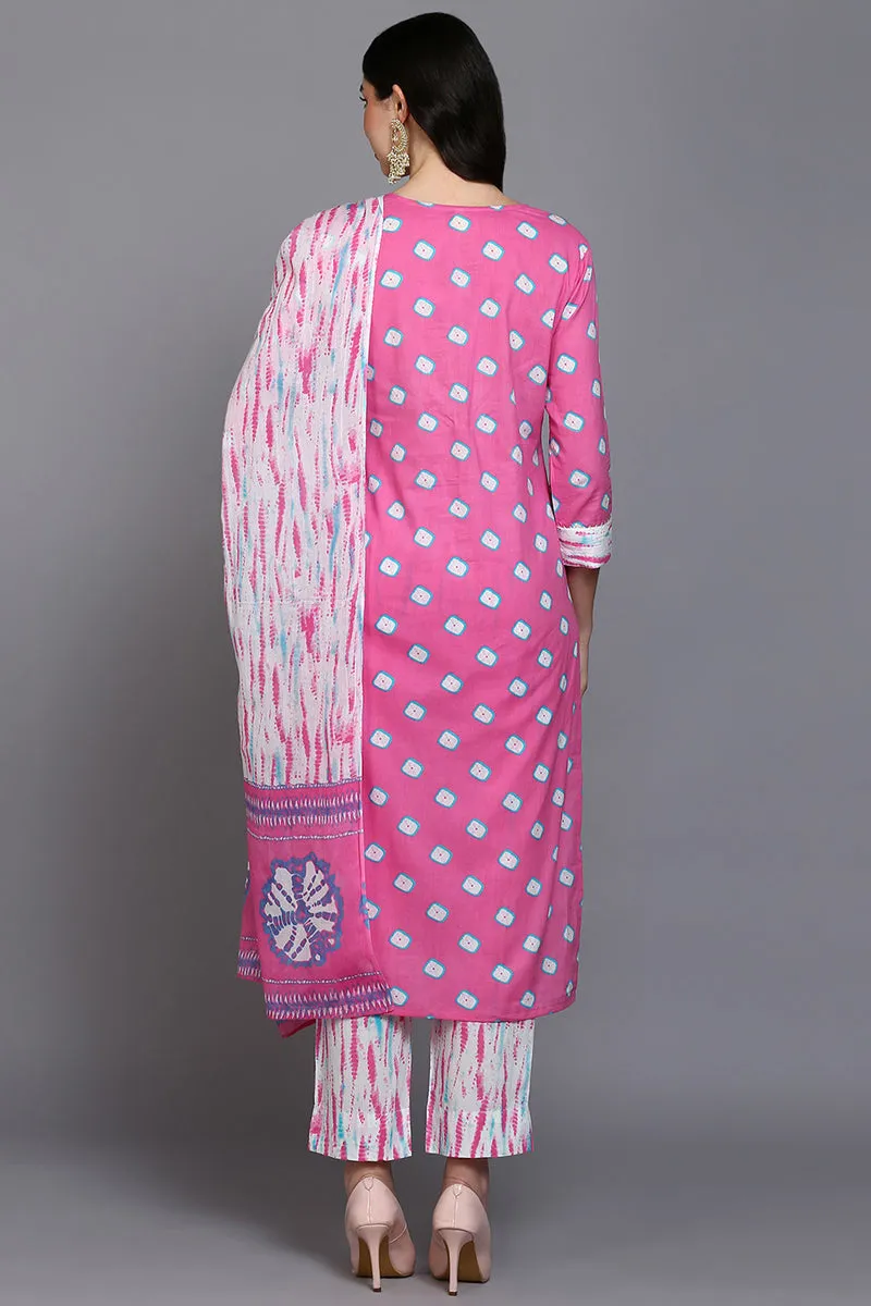 Cotton Pink Bandhani Printed Straight Kurta Pant With Dupatta