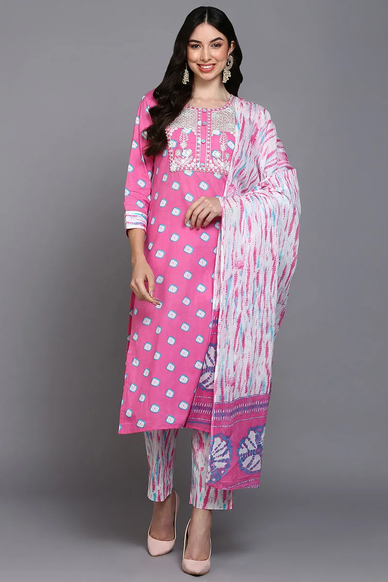 Cotton Pink Bandhani Printed Straight Kurta Pant With Dupatta