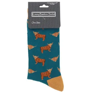 Joe Davies Men's Bamboo Socks Highland Cow Teal