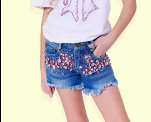 Lola and The Boys Pink Crystal Denim Shorts