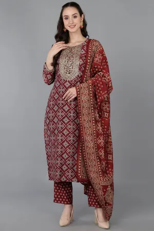 Maroon Silk Blend Abstract Print Embroidered Straight Suit Set