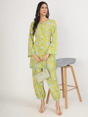 Mustard Floral Print Rayon Co-Ord Set For Women