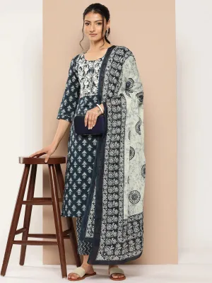 Navy Blue Embroidered Cotton Kurta Dupatta Set