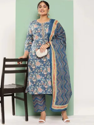 Plus Size Floral Printed Regular Pure Cotton Kurta With Trousers & Dupatta