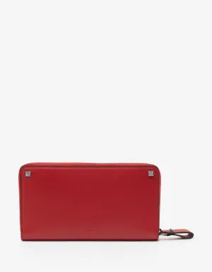 Red Leather Rockstud Zip Wallet