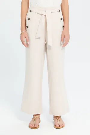 Senior Girls Beige Wide leg Pants With Front Buttons