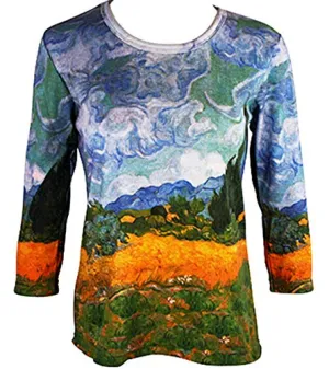 Van Gogh Cypress Tree, 3/4 Sleeve Scoop Neck Hand Silk-Screened Art Top