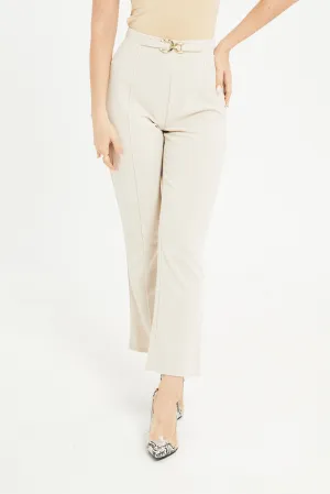 Women Beige Buckle Trousers