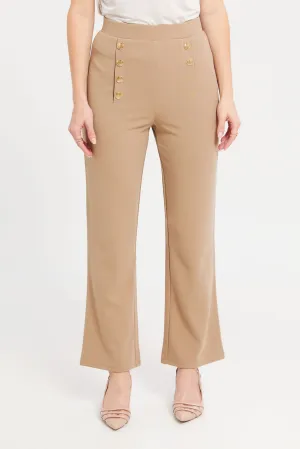 Women Beige Straight Leg Side Button Trouser