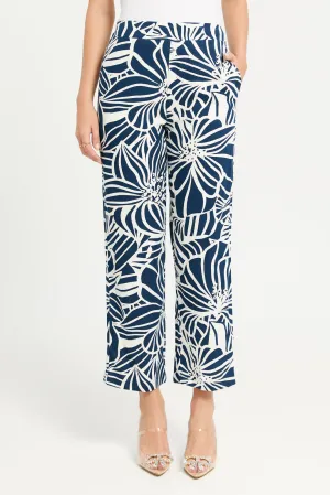 Women Blue Wide Leg Mono Print Trouser