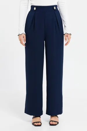 Women Navy Double Button Wide Leg Trouser